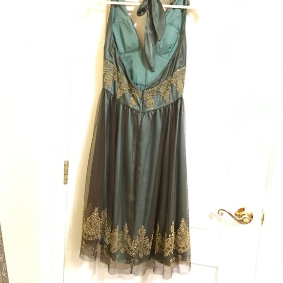 Adrianna Papell | Beaded Gold Green Tulle Dress - Picture 2 of 13